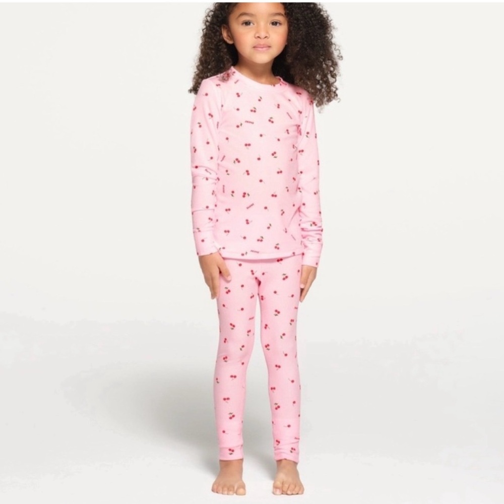 SKIMS Pink Cherry-Print Kids Long-Sleeve Pajama Set Size 10- great condition